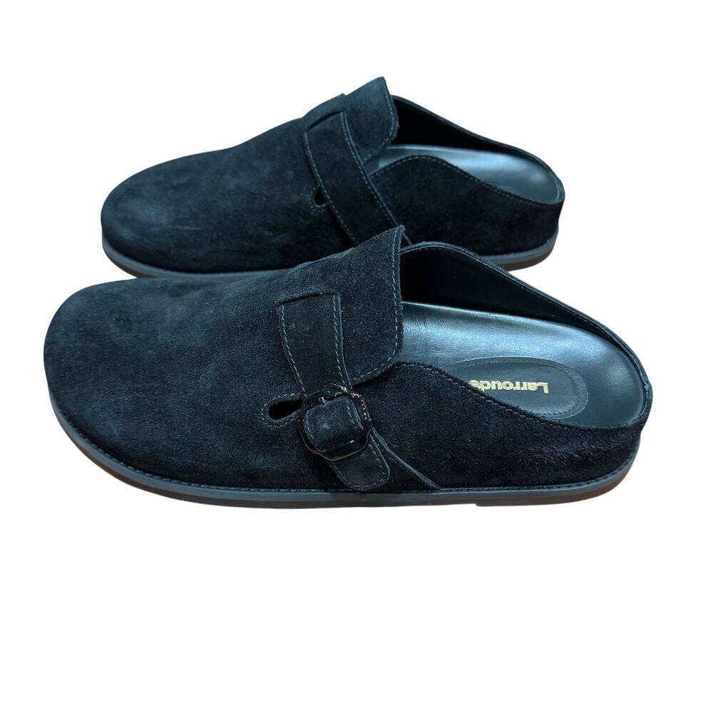 Larroudé Milan Suede Clogs Sz 11 blk, rare luxury comfort slip on shoes, flats